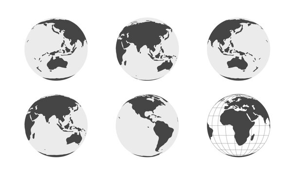 Six airplanes flying on dotted flight paths across simplified world maps, illustrating global travel and international transportation routes.