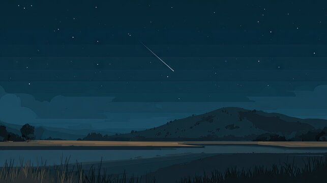 Night sky landscape illustration with meteor shower above horizon