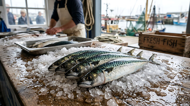Fresh mackerel fish displayed on ice at market.