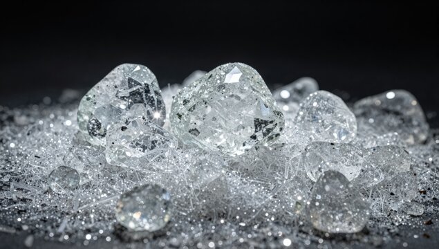 Sharp shards of broken glass exploding and flying through the air, isolated on a black background.