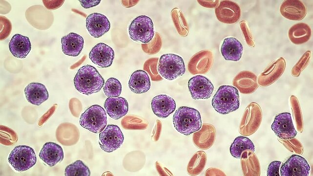 Acute lymphoblastic leukaemia in bone marrow, 3D animation showing proliferating lymphoblasts and reduced normal blood cell formation.