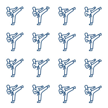 Karate martial arts athlete performing high side kick icon pattern in blue line vector art style.