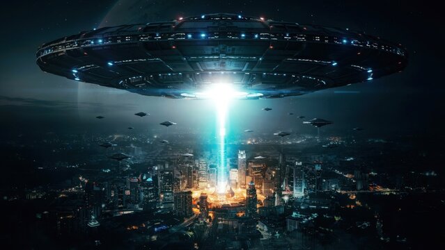 A massive alien mothership hovering over a glowing modern city at night with a bright beam. Perfect for sci-fi film concepts and extraterrestrial invasion themes.