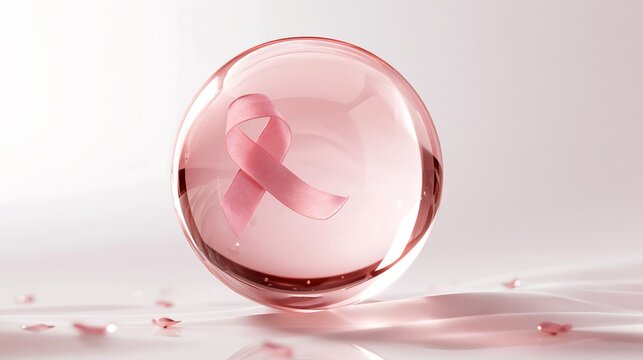 A pink breast cancer awareness ribbon encapsulated inside a glossy 3D glass sphere on a soft pastel background representing hope and medical support