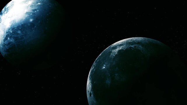 Two dark planets in deep space with a starry black background