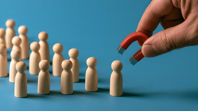 Hand holding red horseshoe magnet attracting wooden peg doll representing customer recruitment and human resources with talent acquisition business strategy attraction