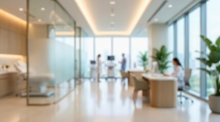Fototapeta premium Blurred office interior features professionals working in a bright workspace with glass partitions and large windows. Soft focus background shows a corporate environment with desks.