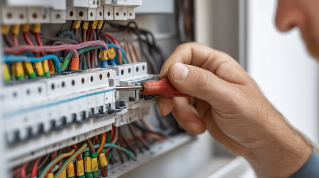 Electrician repairing an electrical control panel with a screwdriver, focusing on wiring and circuit breakers, representing maintenance, repair, electrical safety, engineering, and installation.