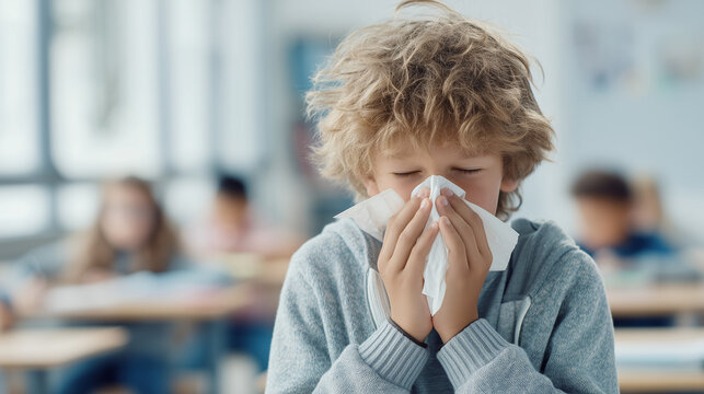 Young boy sneezing into a tissue while sitting in a classroom, representing childhood illness, cold symptoms, respiratory infection, school health, hygiene and seasonal disease prevention.