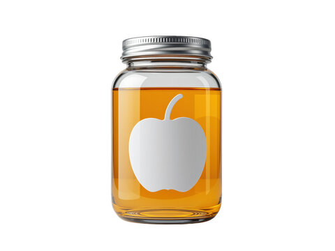 Glass jar of golden apple juice with an apple label, isolated on transparent background