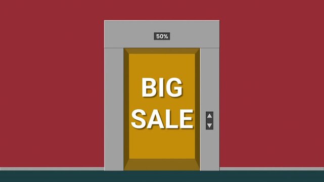 Elevator doors opening showing Big Sale text with percentage counter. Commercial discount motion graphic animation.