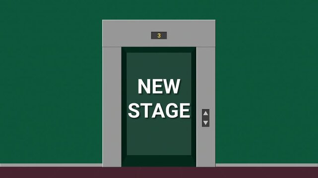 Elevator doors opening to floor 3 with New Stage text inside. Business growth and level progression animation.