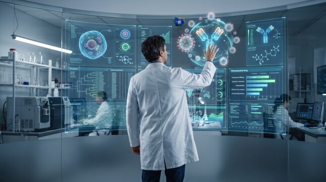 Scientist in white coat analyzing futuristic holographic interface with DNA and virus data, advanced biotechnology research in modern laboratory setting for medical innovation