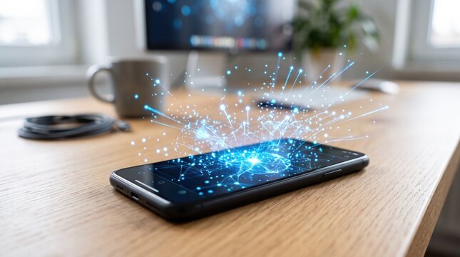 Black smartphone lying on wooden desk emitting blue glowing digital network particles and connections symbolizing high speed internet connectivity, 5G technology