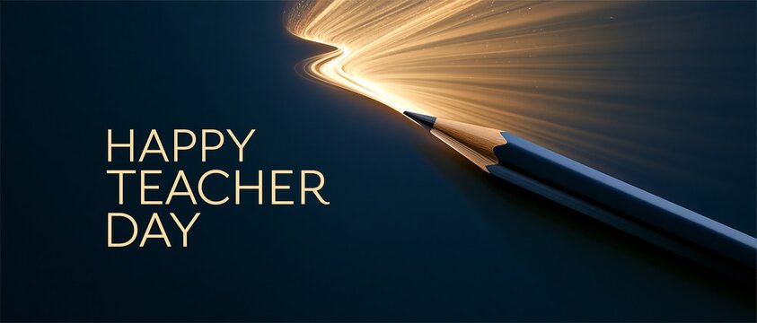 Elegant Happy Teacher Day celebration greeting card with a detailed 3D pencil drawing a golden light trail on a dark background for academic