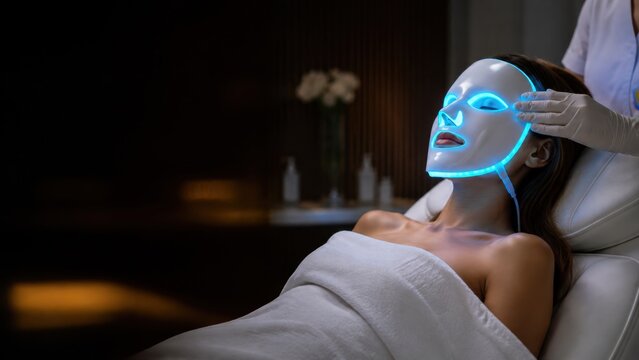 Relaxed woman undergoing futuristic LED light therapy facial treatment in spa environment
