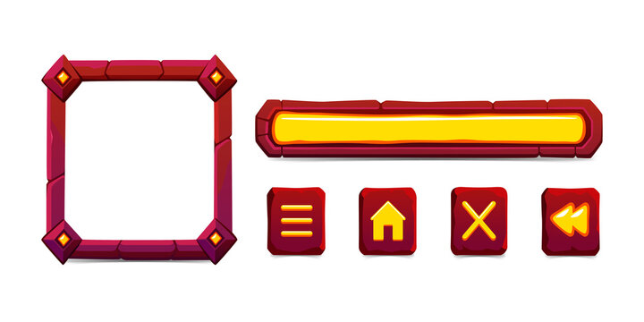 Vibrant red and yellow video game UI elements on transparent background