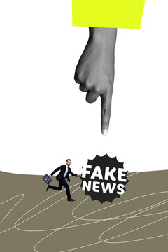 Vertical photo collage of hand point fake news disinformation trap serious man journalist run false lies isolated on painted background