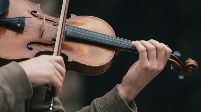 Violin player performs a beautiful melody using a wooden stringed instrument held by two hands with precise finger placement on the fingerboard during a classical music rehearsal session.