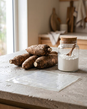 Cassava root transformed into biodegradable plastic.