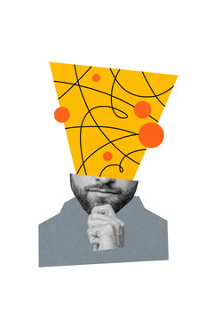 Vertical collage young man face fragment beard chin thoughtful minded find solution dilemma brainstorming hmm guess puzzled expression