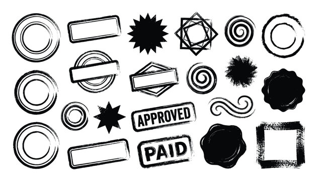Grunge stamp shapes vector set, distressed brushstroke seals approved paid