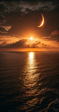 Sunburst celestial solar eclipse with crescent shape over calm dark ocean at sunset. High altitude view of solar eclipse and golden sun path on sea surface