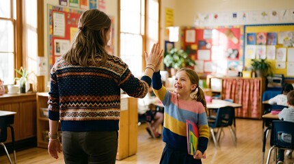 Fototapeta premium Faceless teacher seen from behind giving high-five to smiling young girl in colorful sweater holding rainbow folder in bright, cheerful elementary classroom with artwork and desks