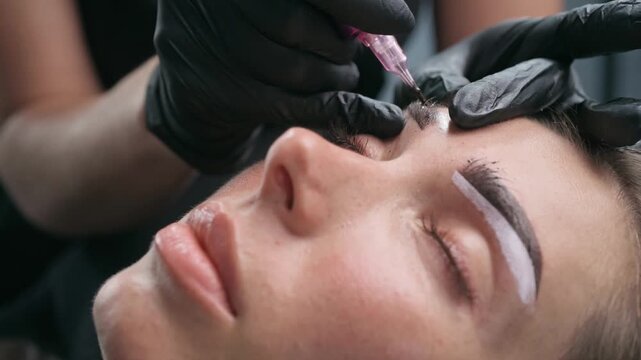Permanent makeup artist performs an eyebrow tattoo procedure after mapping the shape, creating natural brows with a PMU machine in a professional beauty studio.