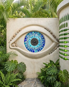 "Evil eye" design made of bottles and stones embedded in a mortar wall featuring blue glass mosaics, framed by outdoor tropical vegetation.