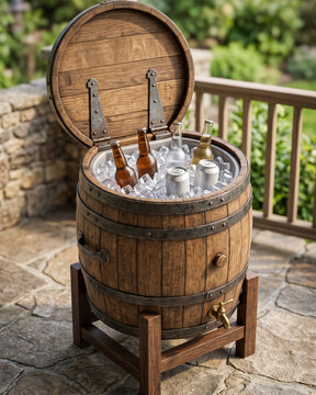 Rustic beverage cooler made from an antique oak barrel.