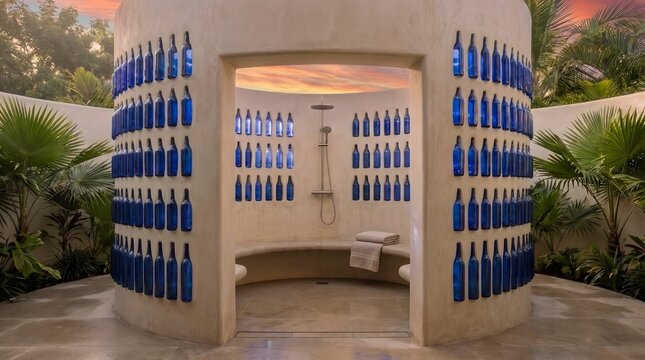 Sustainable outdoor bathroom built with recycled glass bottles.