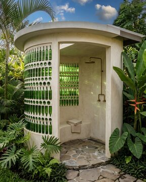 Sustainable outdoor bathroom built with recycled glass bottles.