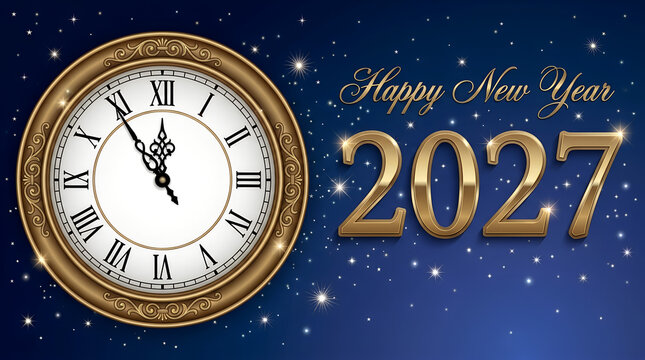 Golden clock face displaying nearly midnight and the year 2027 illustration timepiece