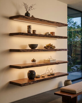 Zen-style shelving unit made of reclaimed wood, featuring live-edge shelves and built-in LED lighting.