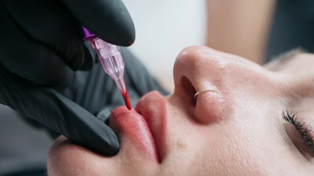 Extreme close up of a permanent makeup artist performing a lip blush tattoo procedure with a PMU machine in a professional beauty salon.