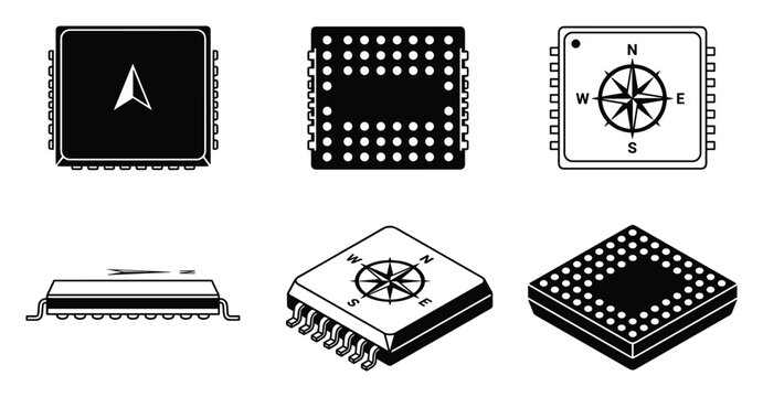 Compass sensor microchip vector icon set, integrated circuit components