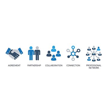 Business icons representing agreement partnership collaboration connection and professional networking in flat vector style