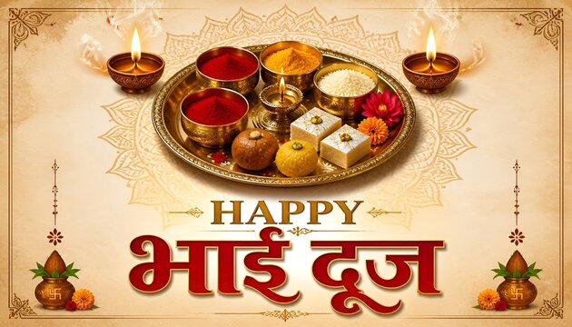 Happy Bhai Dooj festive banner with traditional pooja thali and sweets