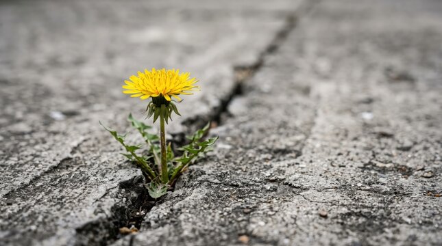Vibrant yellow dandelion flower growing顽强 through a crack in gray concrete pavement, symbolizing resilience, hope, nature reclaiming urban spaces, survival against odds
