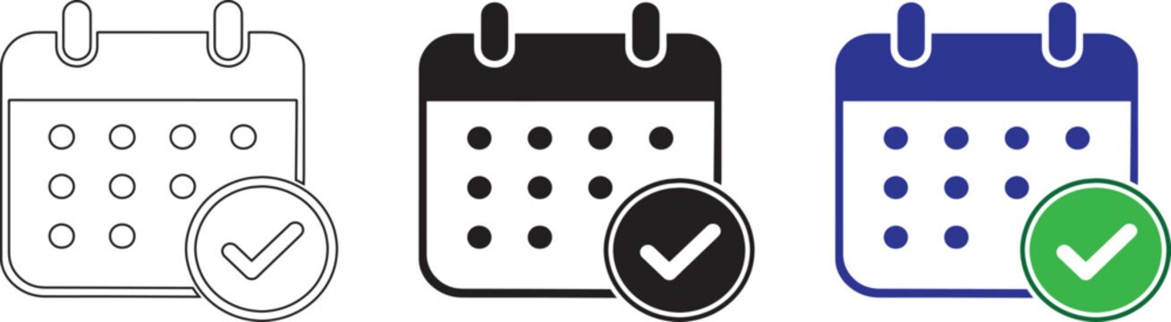 A collection of three calendar date icons featuring a check mark symbol to represent scheduled tasks, completed appointments, and successful deadline management concepts.