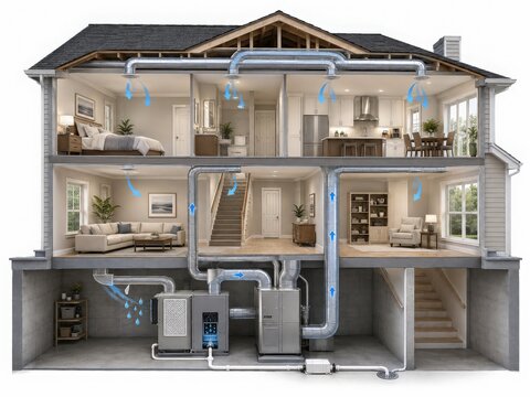 Whole House Ducted Dehumidifier and HVAC System Technical Cutaway