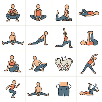 Hip opener yoga poses and pelvic floor exercises vector icon set for flexibility and fitness.