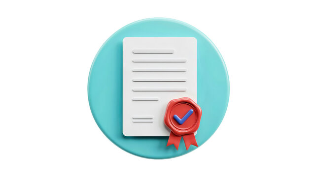A white paper document featuring a red wax seal with a blue checkmark symbol displayed on a soft teal circular button icon on transparent background