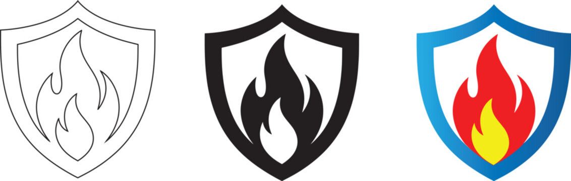 A collection of fire protection shield variations featuring modern graphic design styles including outline, solid black, and vibrant colored versions for safety branding