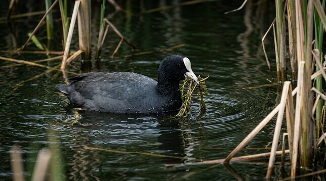 Aquatic Wild Waterbird Floating on Deep Dark Water Surface Holding Freshwater Flora in Bill Natural Wildlife Bird Detail Scene Amidst Reed Stalks eurasian coot swimming dark water close up rippled
