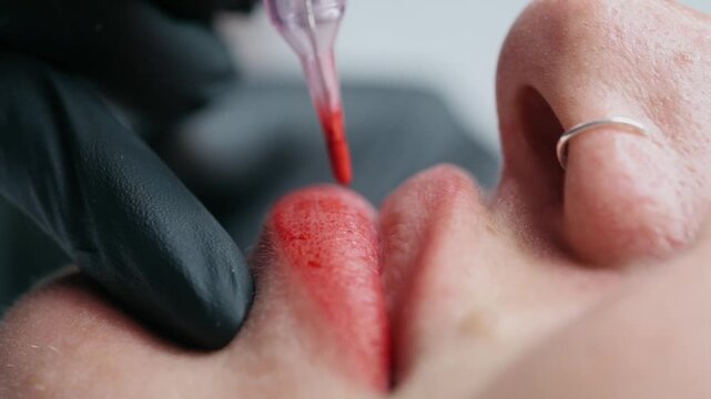 Extreme close up of a permanent makeup artist performing a lip blush tattoo procedure with a PMU machine in a professional beauty salon.