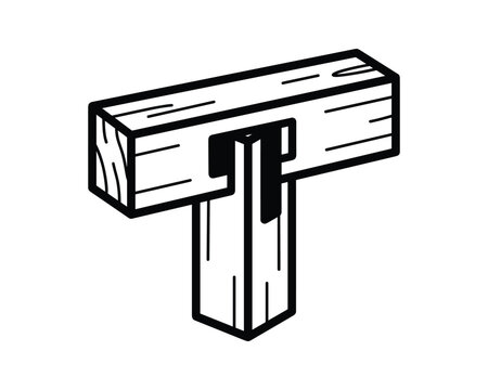 Wooden timber joint icon, mortise tenon connection black line graphic