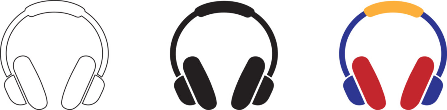 A collection of modern headphone icons shown in three distinct styles including a clean linear outline, a solid black silhouette, and a vibrant colorful design., isolated on a white background