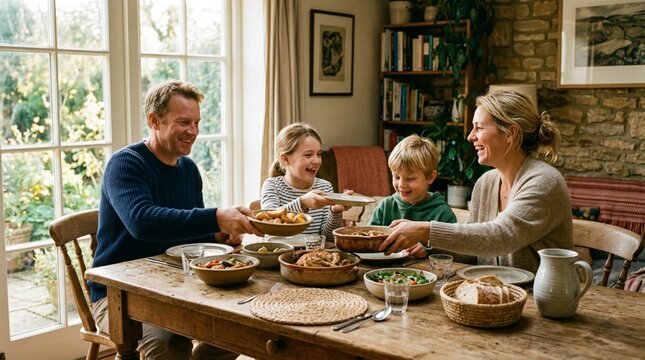 Caucasian family sharing homemade dinner at rustic wooden dining table, passing ceramic dishes of food in cozy sunlit home interior